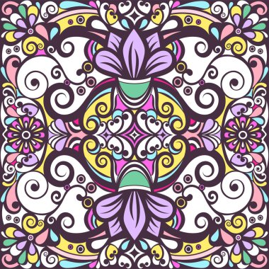 Çiçek soyut süsü, parlak renkli pastel desen, çok renkli arka plan, etnik iz sürme, el çizimi. Çiçekler ve bukleler izole edilmiş dekoratif elementler. Vektör illüstrasyonu