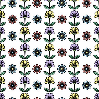 Çiçeksiz desenli, şık renkli çiçek açan bir arka plan. Beyaz arkaplanda yeşil yapraklar olan çok renkli tomurcuklar. Kumaş tasarımı, duvar kağıdı, baskı için. Vektör illüstrasyonu