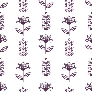 Çiçeksiz desenler, siyah beyaz çizimler, tek renkli çiçekler, renkli çizimler, arka plan. Yapraklı sevimli mor çiçek tomurcukları. Kumaş tasarımı için, duvar kağıdı. Vektör illüstrasyonu