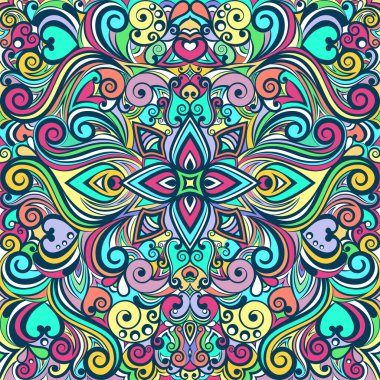 Çiçek soyut süs, parlak renkli desen, çok renkli arka plan, etnik iz sürme, el çizimi. Çiçeklerle süslenmiş ve siyah çizgili buklelerle izole edilmiş. Vektör illüstrasyonu