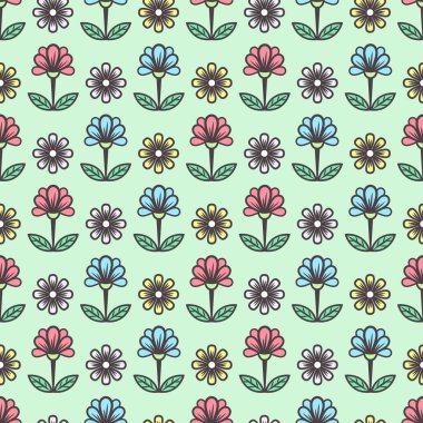 Çiçeksiz desenli, şık renkli çiçek açan bir arka plan. Arkaplanda yeşil yapraklar olan çok renkli şirin tomurcuklar. Kumaş tasarımı, duvar kağıdı, baskı için. Vektör illüstrasyonu