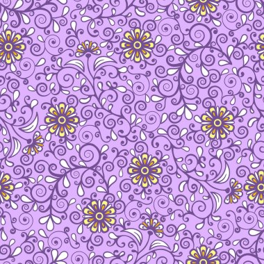 Çiçeksiz desenli, renkli çiçekli zarif bir arka plan. Şirin sarı çiçek, beyaz yapraklar ve mor arka planda kıvırcık dantel. Kumaş tasarımı, duvar kağıdı, baskı için. Vektör illüstrasyonu