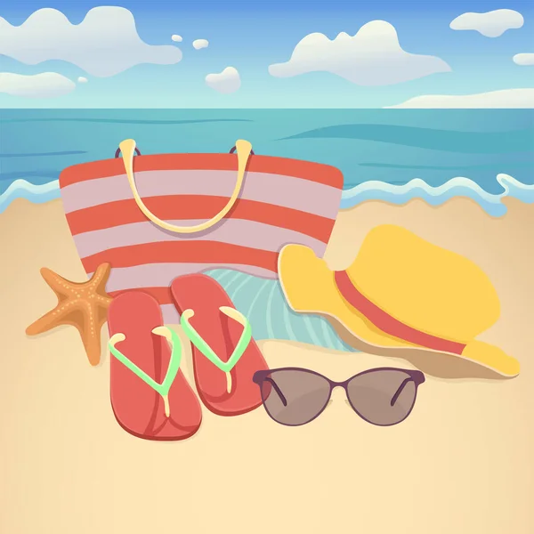 ビーチアクセサリー フラットイラスト 要素夏休みのデザイン ビーチバッグ フリップフロップ タオル 海と日当たりの良い自然背景による砂浜のサングラス ベクターイラスト — ストック写真