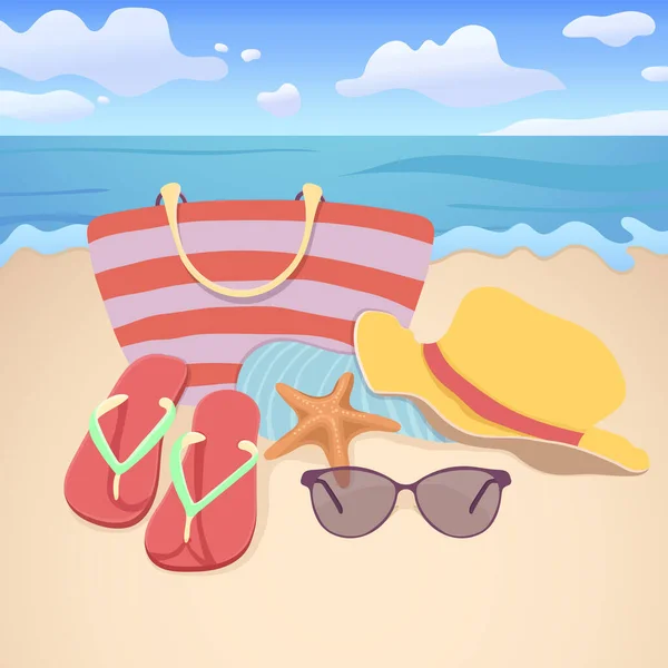 海滩配件 平面插图 元素夏季度假设计 海滩袋 太阳镜在沙滩上的大海和阳光的自然背景 矢量说明 — 图库照片