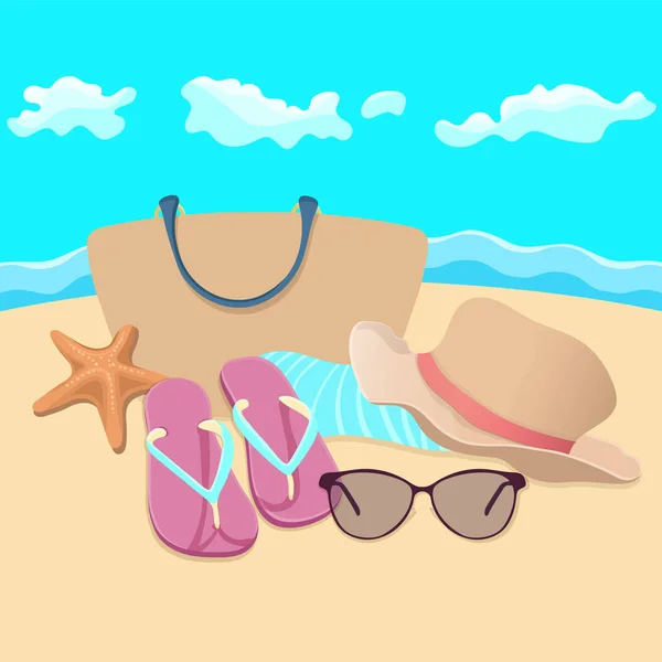 ビーチアクセサリー フラットイラスト 要素夏休みのデザイン ビーチバッグ フリップフロップ タオル 海と日当たりの良い自然背景による砂浜のサングラス ベクターイラスト — ストック写真