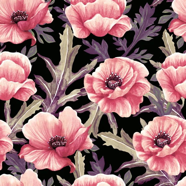 Макові Квіти Акварельний Безшовний Візерунок — стокове фото