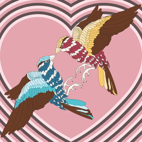 Amoroso pájaro con plumas de colores en el fondo de los corazones. Vintage, abstracción. Día de San Valentín (14 de febrero). Ilustración vectorial — Vector de stock