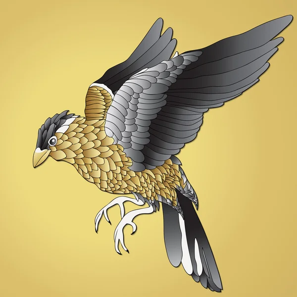 Oro pájaro. El pájaro se eleva con plumas amarillas y negras sobre un fondo amarillo. Ilustración vectorial — Vector de stock