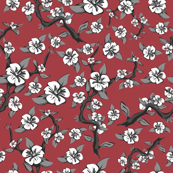 Bezešvé pattern poboček a bílé květy na růžovém pozadí. Abstraktní kvetoucí jabloň v černé a bílé — Stockový vektor