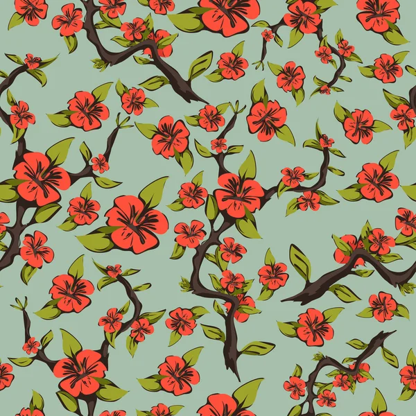 Seamless pattern of cherry blossoms. Abstract bright orange flowers on a branch with leaves on a pale green background. Vector illustration — Stock Vector