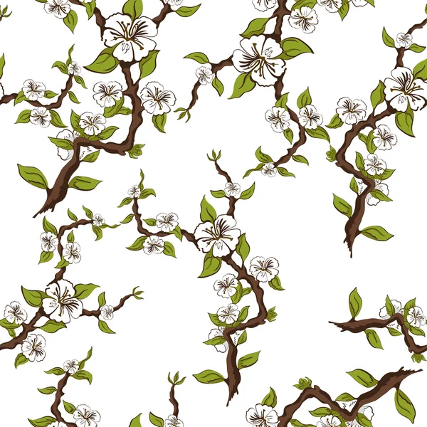 白い背景の上のリンゴの開花枝のシームレスなパターン。ベクトル図 — ストックベクタ