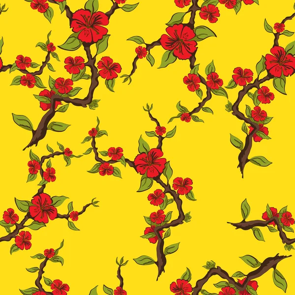 Nahtloses Muster roter Blumen auf gelbem Hintergrund. Zweig Apfelblüte. Vektorillustration — Stockvektor