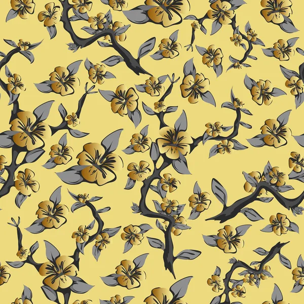 Χρυσά λουλούδια. Χωρίς ραφή πρότυπο της ανθισμένες κερασιές, sakura υποκατάστημα. Ανθοφορία κλαδί δέντρου μήλο με χρυσά λουλούδια σε κίτρινο φόντο. Vector εικονογράφηση — Διανυσματικό Αρχείο