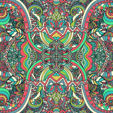 Boho stil, vintage etnik süsleme. Soyut çiçek bitki deseni. Çok renkli, parlak, dekoratif öğeler zıt. Hippi, Hint, fantezi, oryantal desen. Tekstil baskı, kumaş tasarımı, kağıt