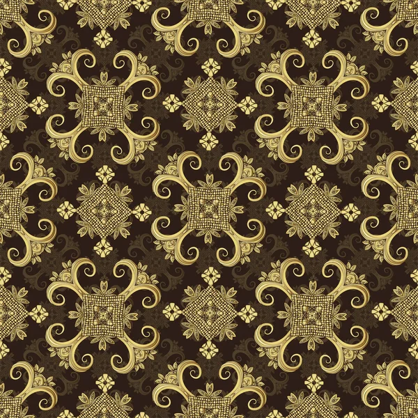 Gyllene prydnad, vintage seamless mönster. Etniska, lyxiga dekorativa element. Barock, bohemiska. Guld tapeter, inslagning, repeterbara bakgrund. Textil tryck. Orientaliska textur, abstrakt, indiska — Stock vektor