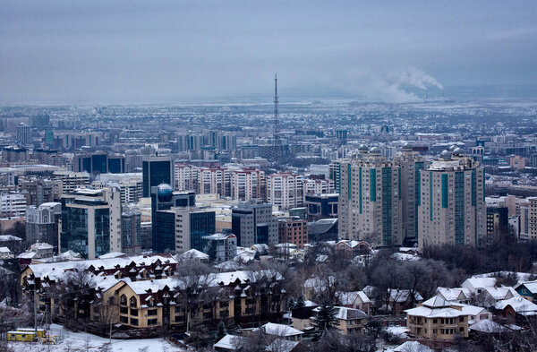 View of the city of Almaty in the winter morning.