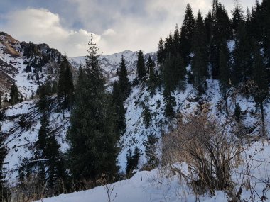 Kışın dağların üzerinden bulutlarla kaplı manzara.