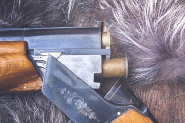 Ahşap bir arka planda av tüfeği