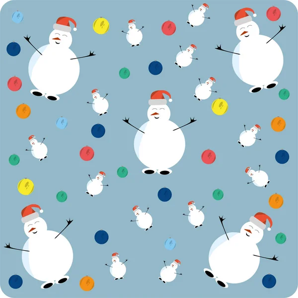 Kardan adam deseni ve mavi tuval üzerinde Noel topları çizimi 