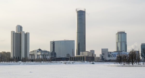 Yekaterinburg citiscape to Iset and Demidov towers in winter