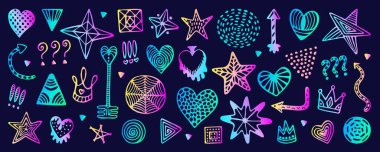 Popüler soyut şekiller, neon karalama el çizimi seti. Hologram gradyanı izole işaretler, ultra asit holografik parlaklık. Kalpler, daireler, yıldızlar, taç, oklar vs. Vektör geridönüşümleri