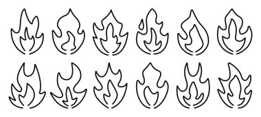 Siyah çizgi ateş ve alev ikonu seti, tek renkli ana hatlı vektör işaretleri. Basit şenlik ateşi farklı şekillerde yükselir, minimalist doğrusal karalamalar, düzenlenebilir felçli piktogramlar