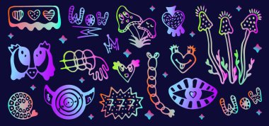 Neon gradyan saykodelik karalama el çizimi vektör seti. Sevimli holografik ışıltı izole semboller. Mantarlar, dudaklar, kalpler, soyut şekiller ve tuhaf karakterler. Canlı, eski moda tırmanışlar