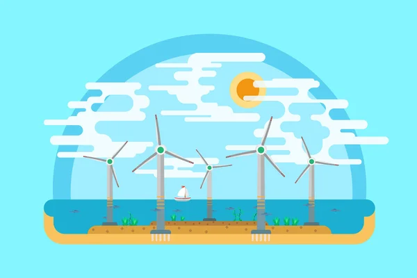 Generatori eolici mare Terreno piatto vettoriale — Vettoriale Stock
