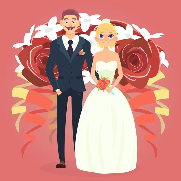 婚礼夫妇与花束 — 图库矢量图片