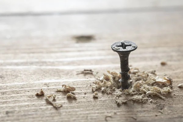 Selbstschneidende Schraube Nahaufnahme Ein Holzbrett Geschraubt Schraube Für Holz — Stockfoto