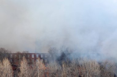 19. yüzyılın sonlarında inşa edilmiş bir tekstil fabrikasındaki yangından çıkan duman. Sis içindeki bir fabrikanın bacası. Nevskaya Manufactura, St. Petersburg, 12 Nisan 2021.
