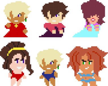 Sanat tarzında piksel karakterlerin kümesi