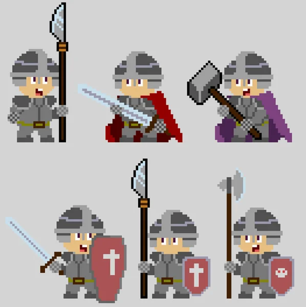 Set of warriors pixel characters in art style — Stock Vector