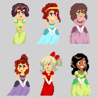 Sanat tarzında piksel karakterlerin kümesi