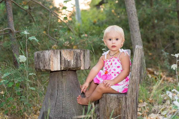 The child, a little girl playing in the woods, summer vacation, education and child development, forest interior, wooden furniture, in anticipation of a meal in a Fairy Tale — Stock Photo, Image