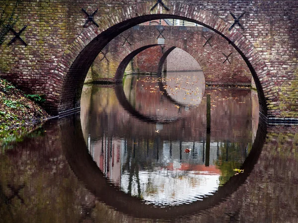 Reflection of the bridges in water of a canal