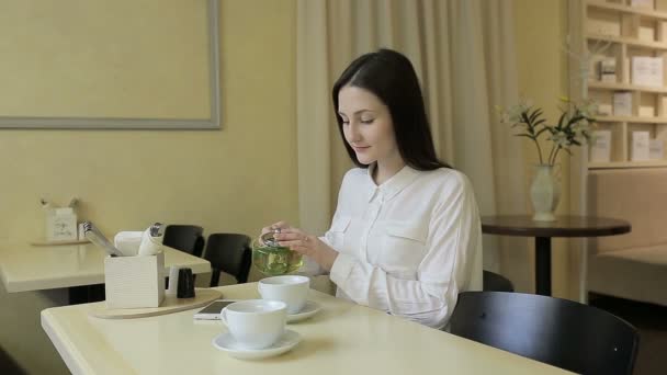 Young woman talking on cellphone in cafe — Stock Video