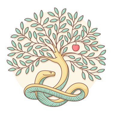 İyi ve kötü yılan ve elma ile bilgi ağacı. Renkli tasarım. Vektör çizim.