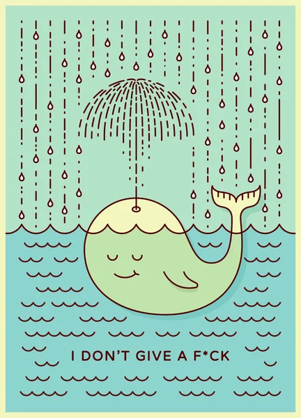 Cartolina con simpatica balena incurante bambino nuotare in mare sotto la pioggia facendo ombrello dalla sua fontana. Concetto di design in stile piatto nei colori pastello. Illustrazione vettoriale . — Vettoriale Stock