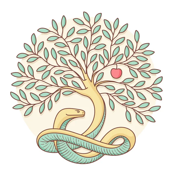 Árbol del conocimiento del bien y del mal con serpiente y manzana. Diseño colorido. Ilustración vectorial . — Vector de stock