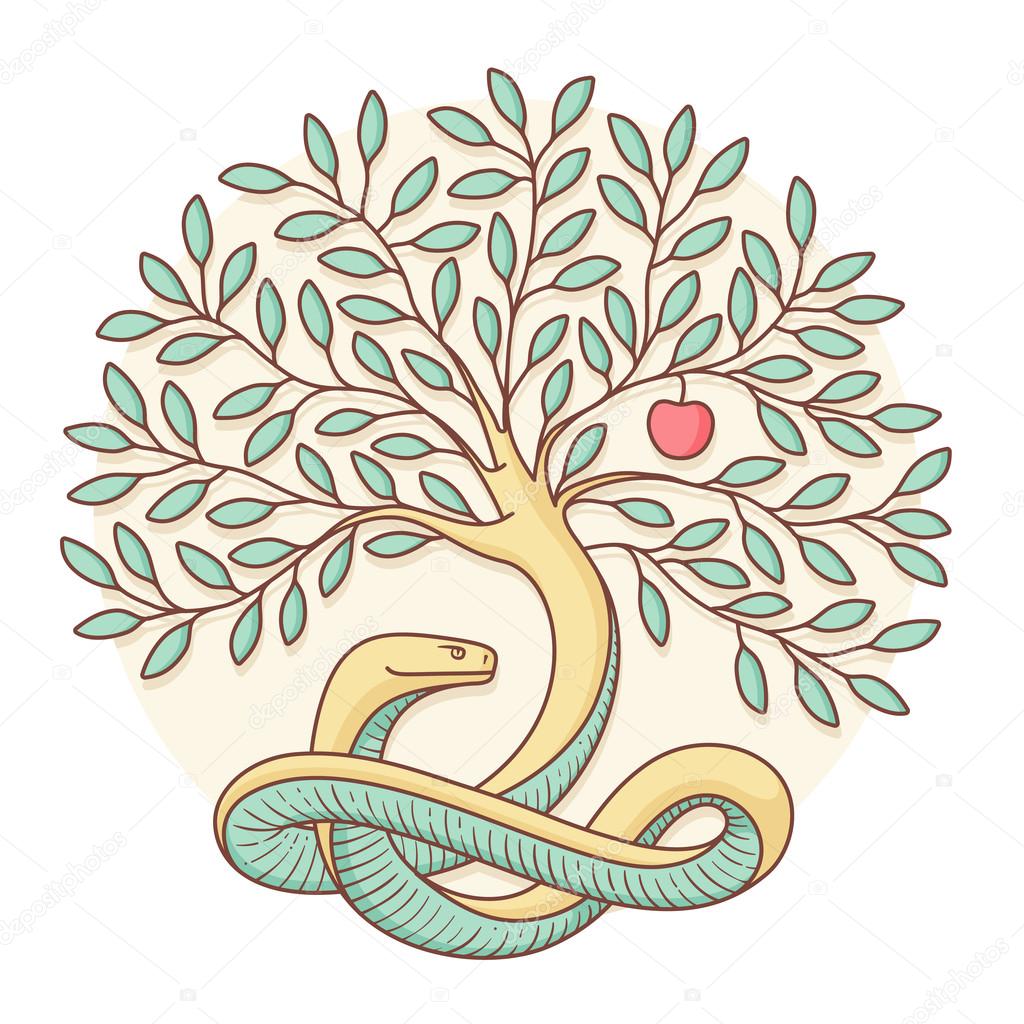 Tree of the knowledge of good and evil with snake and apple. Colorful design. Vector Illustration.