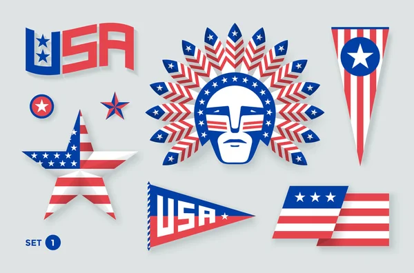 Reihe von US-Symbolen und Gestaltungselementen für den Unabhängigkeitstag. weiß, rot, blau. Vektorillustration. — Stockvektor