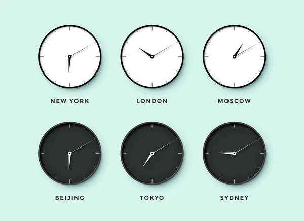 Conjunto de relógio diurno e noturno para fusos horários diferentes cidades —  Vetores de Stock