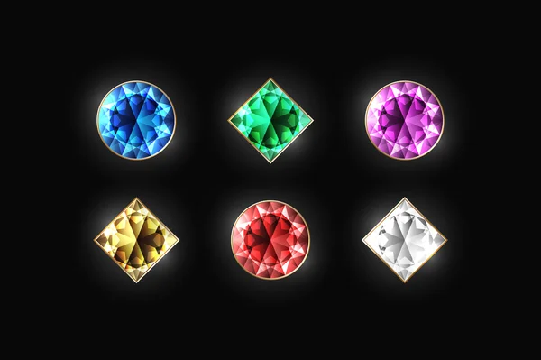 Diamant éblouissant couleur et forme différentes sur un fond noir — Image vectorielle