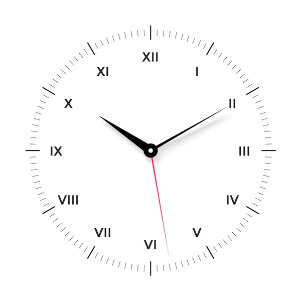 White clock face for with black and red pointer. Roman numerals — Stock Vector