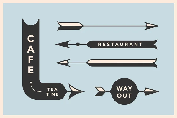 Set de flechas vintage y pancartas con inscripción Café, Way Out, Restaurante — Vector de stock