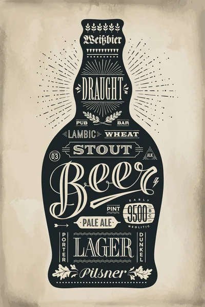 Poster flesje bier met hand getrokken belettering — Stockvector