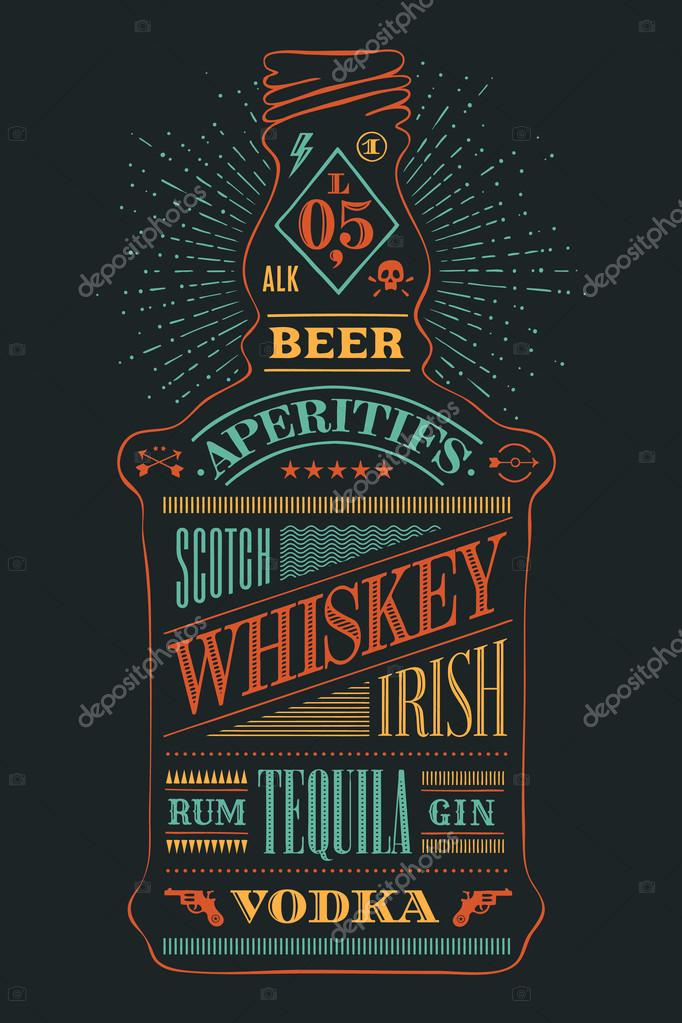 Poster bottle of alcohol with hand drawn lettering. Colorful drawing for pub, bar menu, alcohol card, t-shirt print and alcohol themes. Isolated bottle of alcohol wih lettering. Vector Illustration