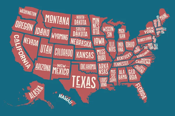 Devlet adları ile poster harita Amerika Birleşik Devletleri — Stok Vektör