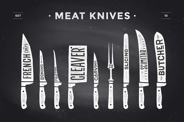 Ορίστε μαχαίρια κοπής κρέατος. Αφίσα χασάπη διάγραμμα και καθεστώς — Διανυσματικό Αρχείο
